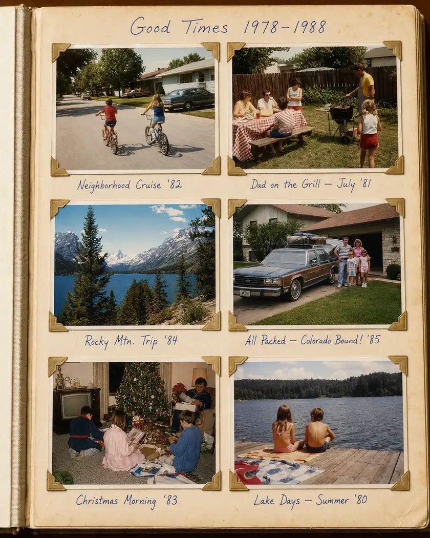 A scanned scrapbook page titled Good Times 1978–1988 with six taped-in family photos.